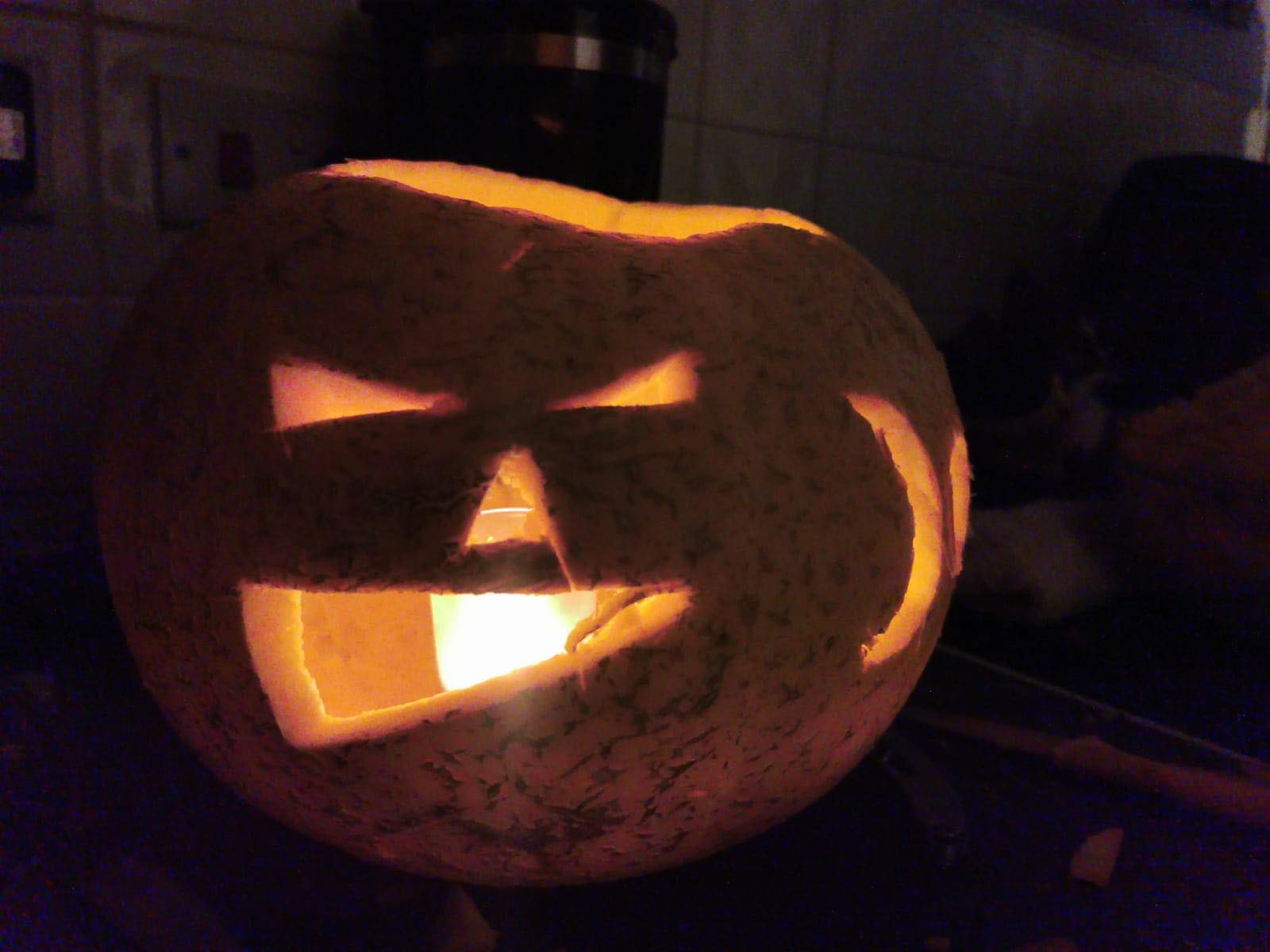 Same pumpkin now ready for Halloween